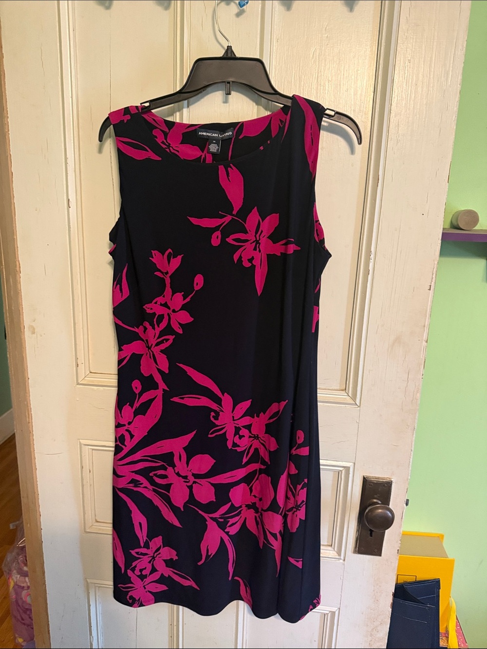 American Living One-Shoulder Navy Dress with Hot Pink Floral Print